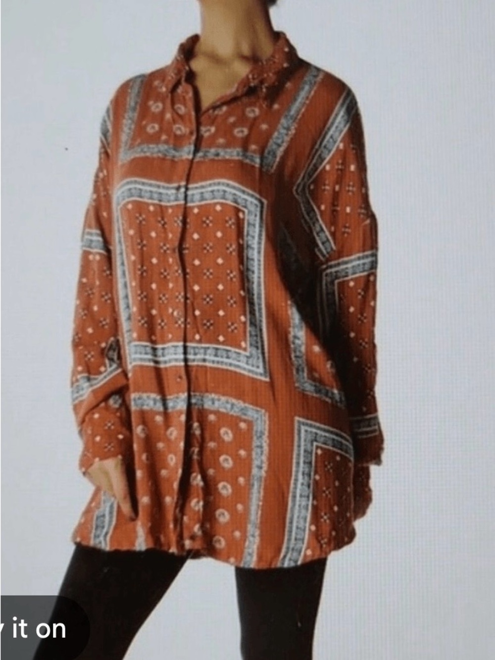 Free People Little Secrets Voile Rust Bandana-Print Button Front Tunic